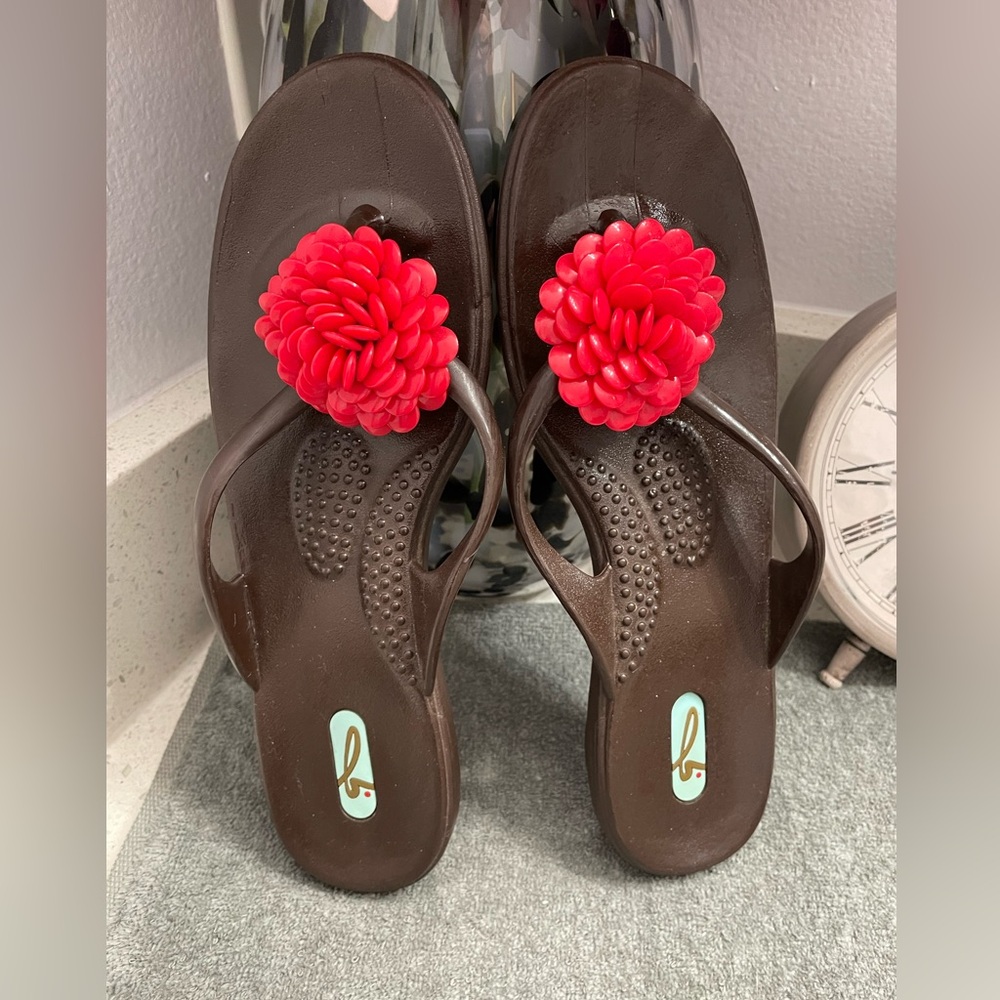 OKA b. Brown Sandals with Red Floral Detail